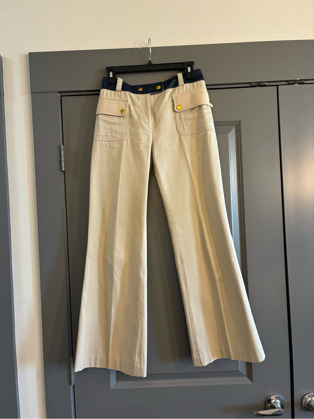 Tory Burch Tan Trousers with Navy Leather Trim and Gold Buttons